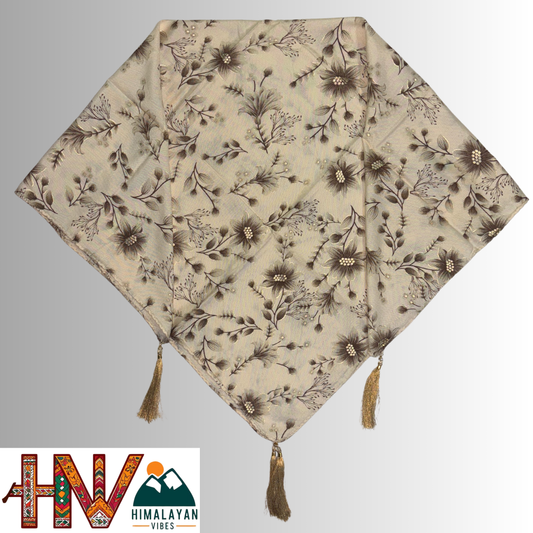 Himalayan Vibes Cream Color Himachali Dhatu with Floral Print - Handcrafted Traditional Head Scarf from Himalayas