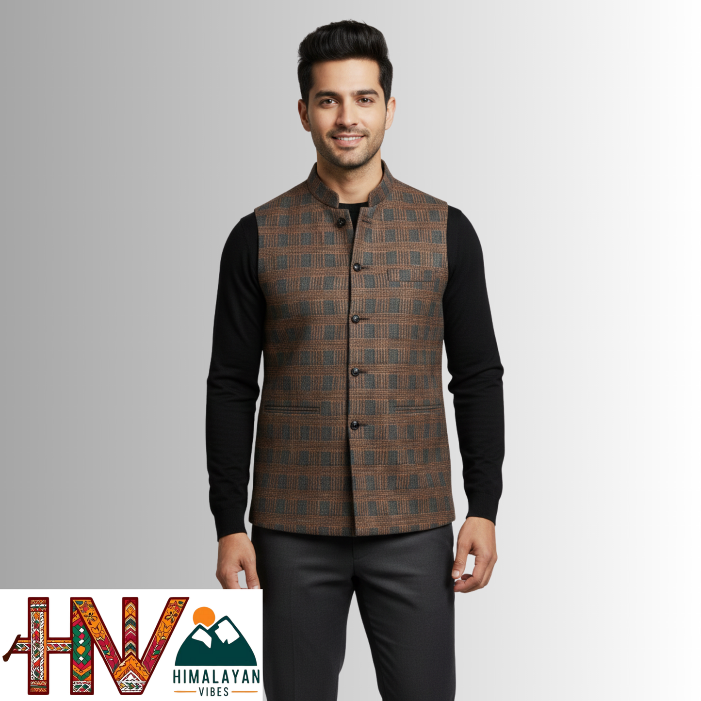 Handcrafted Himalayan Vibes Chestnut Brown Checkered Winter Jacket Men | Traditional Himachali Craft | Stylish Winter & Formal Wear