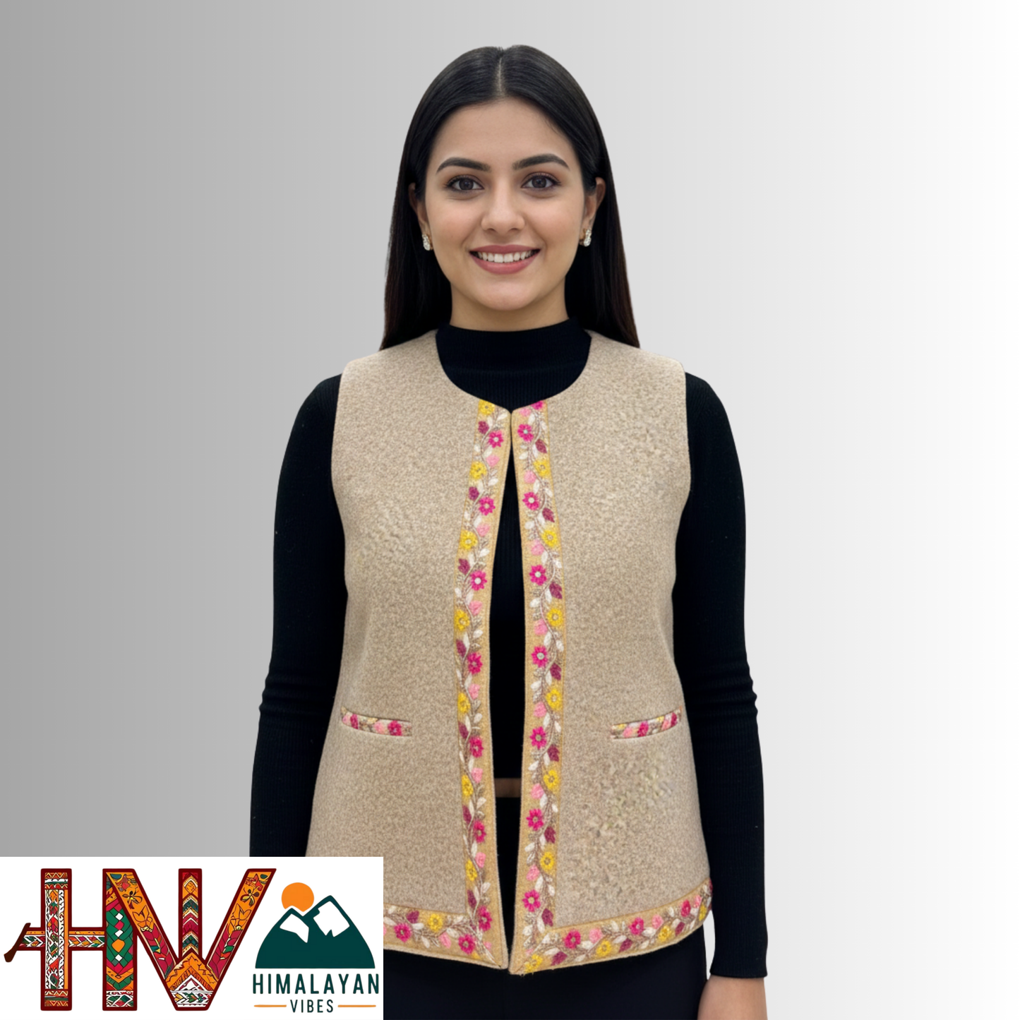 Himachali Cream Sadri with embroidered Lace for Women - Martin Fabric Ethnic Half Jacket with Pockets