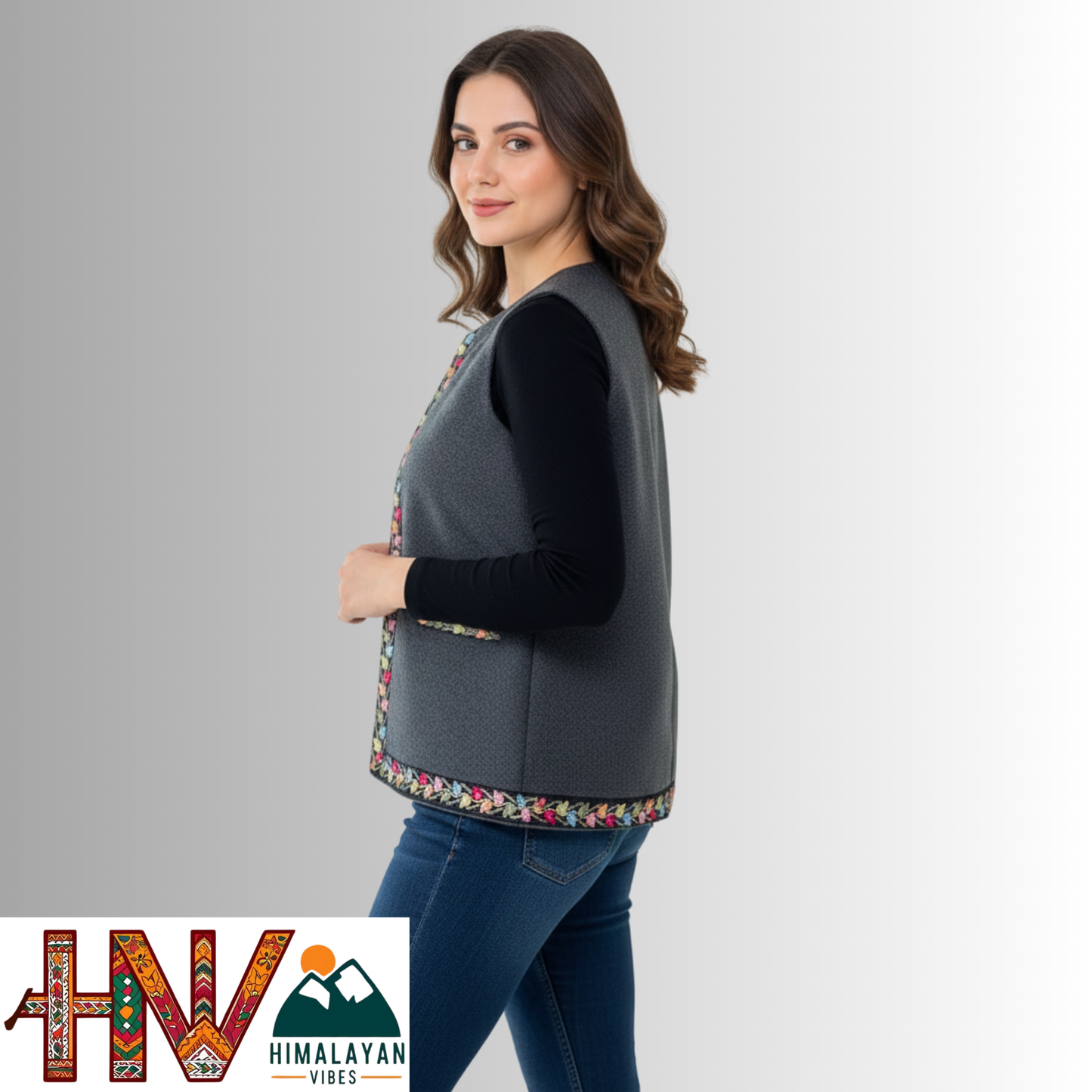 Himachali Dark Grey Sadri with embroidered Lace for Women - Martin Fabric Ethnic Half Jacket with Pockets