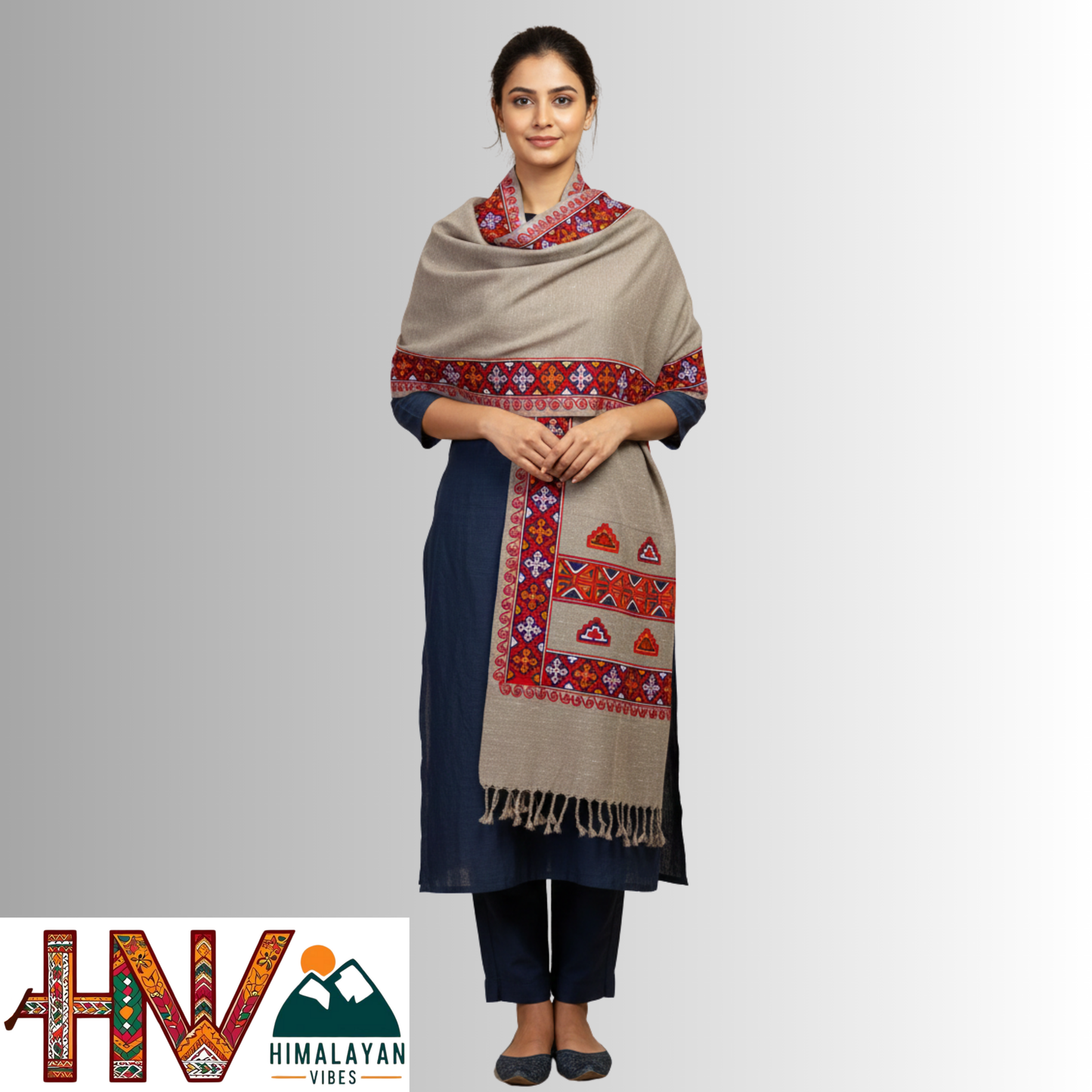 Handwoven Grey Kinnauri Woolen Stole with Traditional Kinnauri Patti Geometric Motifs with red Border– Handwoven Elegance By Himalayan Vibes