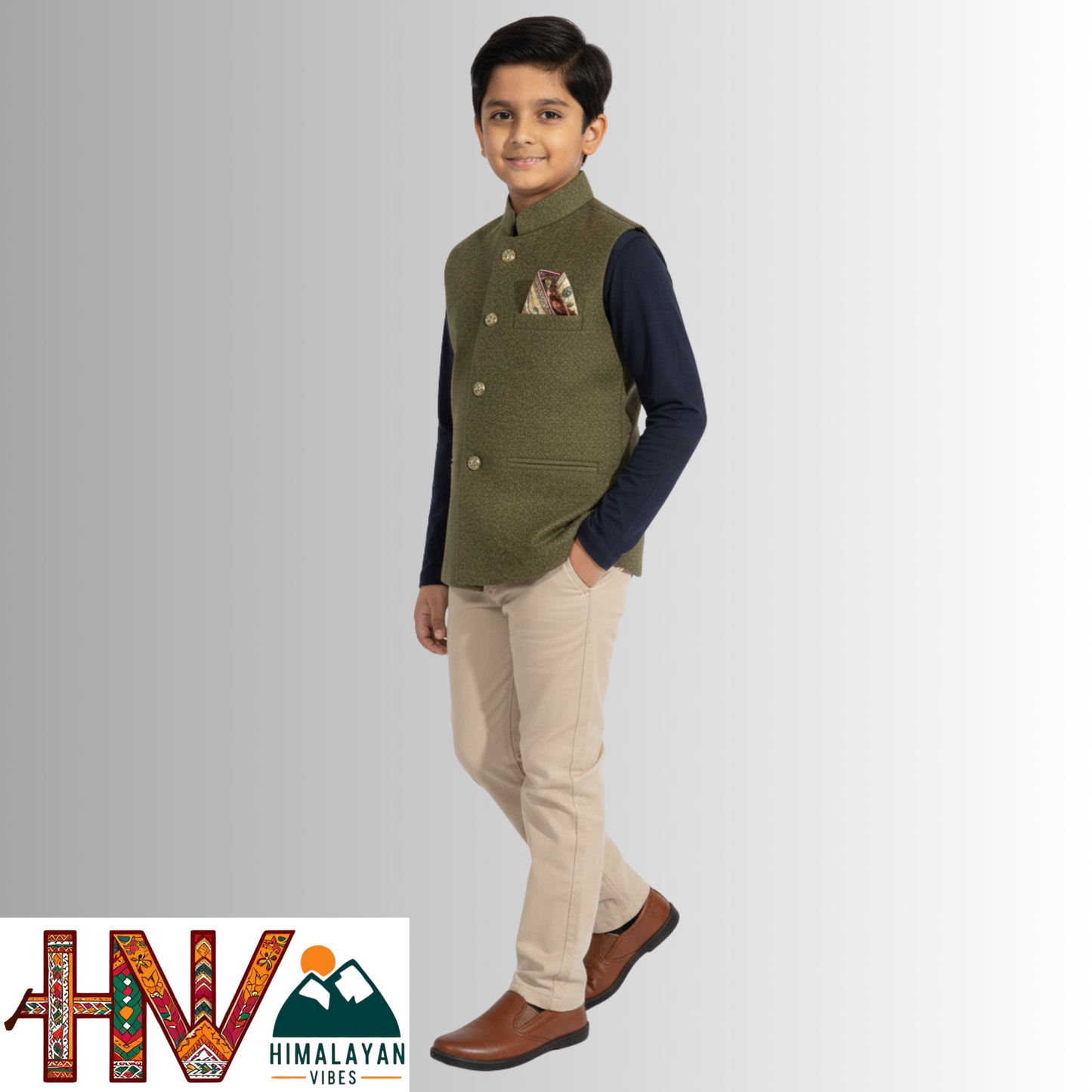 Boys Sleeveless Olive Green Nehru Jacket in Martin Fabric – Handcrafted Himachali Ethnic Waistcoat with Decorative Pocket Square