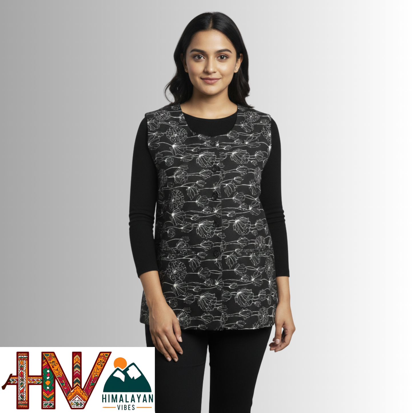 Himalayan Vibes Women's Pashmina Mix Sadri - Black & White Floral Print