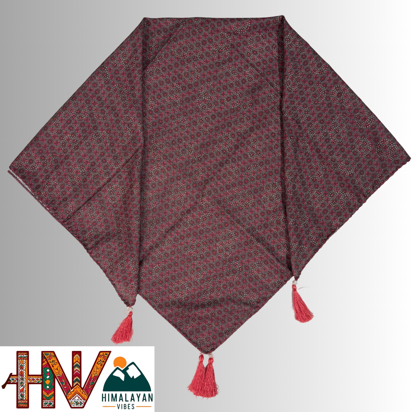 Rubber Print Pink Dhatu Scarf with Grey Print - Artisan-Made Himachal Pradesh Head Wrap