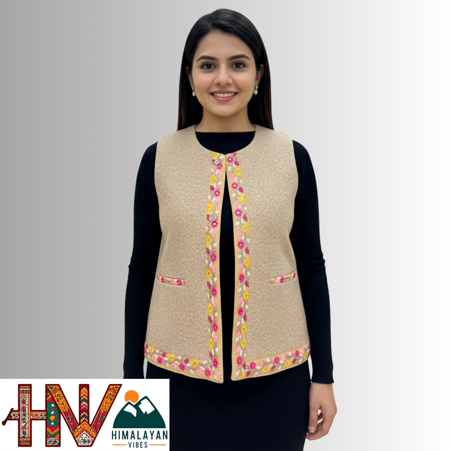 Himachali Cream Sadri with embroidered Lace for Women - Martin Fabric Ethnic Half Jacket with Pockets