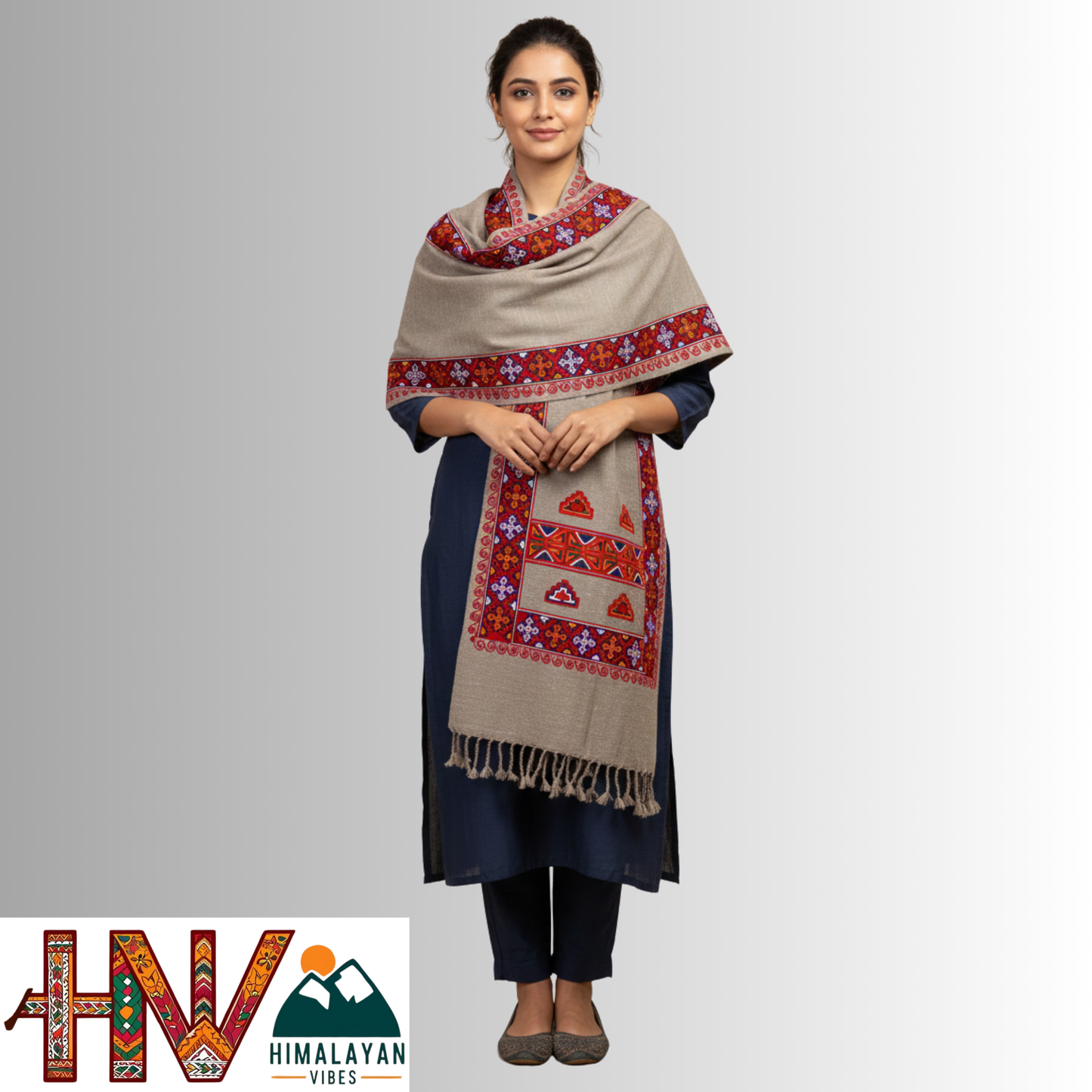 Handwoven Grey Kinnauri Woolen Stole with Traditional Kinnauri Patti Geometric Motifs with red Border– Handwoven Elegance By Himalayan Vibes
