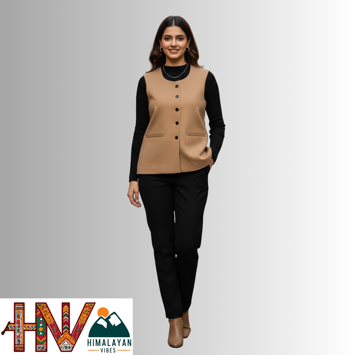 Himalayan Vibes Women's Plain Camel Brown Pashmina Mix Sleeveless Sadri