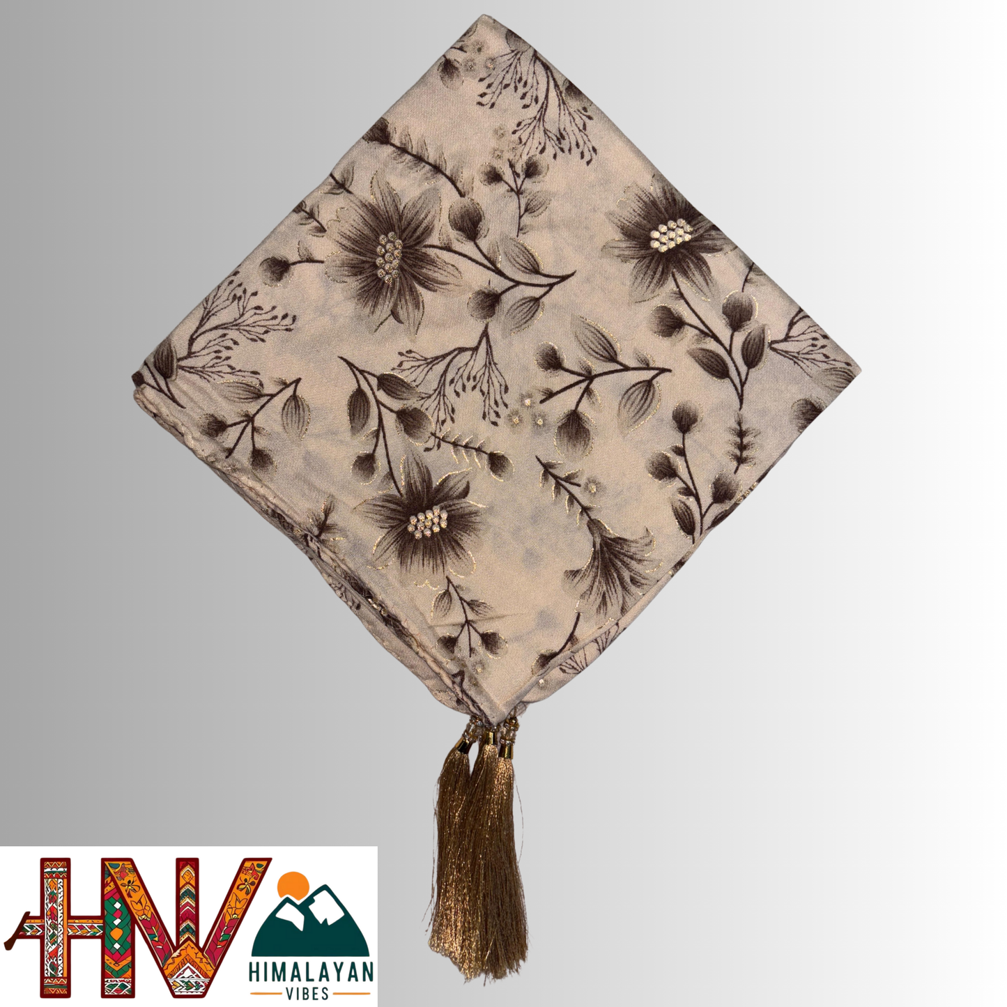 Himalayan Vibes Cream Color Himachali Dhatu with Floral Print - Handcrafted Traditional Head Scarf from Himalayas