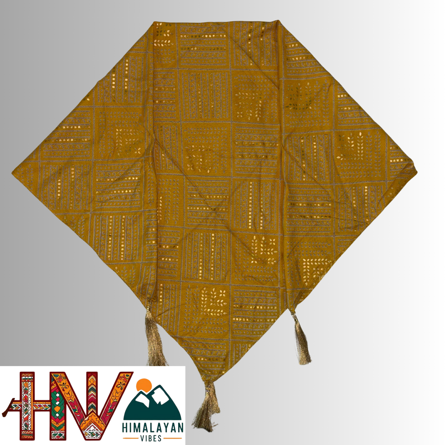 Himalayan Vibes Alpine Mustard Color Floral Printed Himachali Dhatu - Handcrafted Traditional Head Scarf from Himalayas