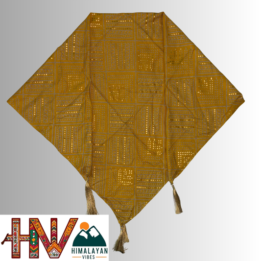 Himalayan Vibes Alpine Mustard Color Floral Printed Himachali Dhatu - Handcrafted Traditional Head Scarf from Himalayas