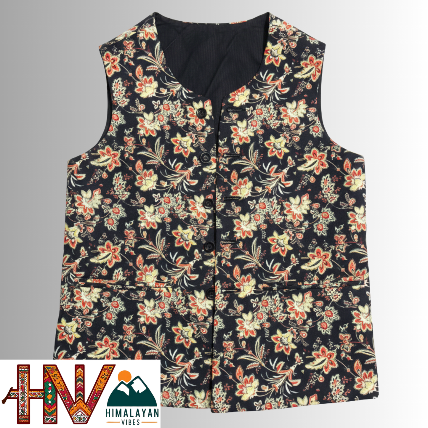 Himalayan Vibes Women's Pashmina Mix Sleeveless Sadri - Black & Red Floral Print