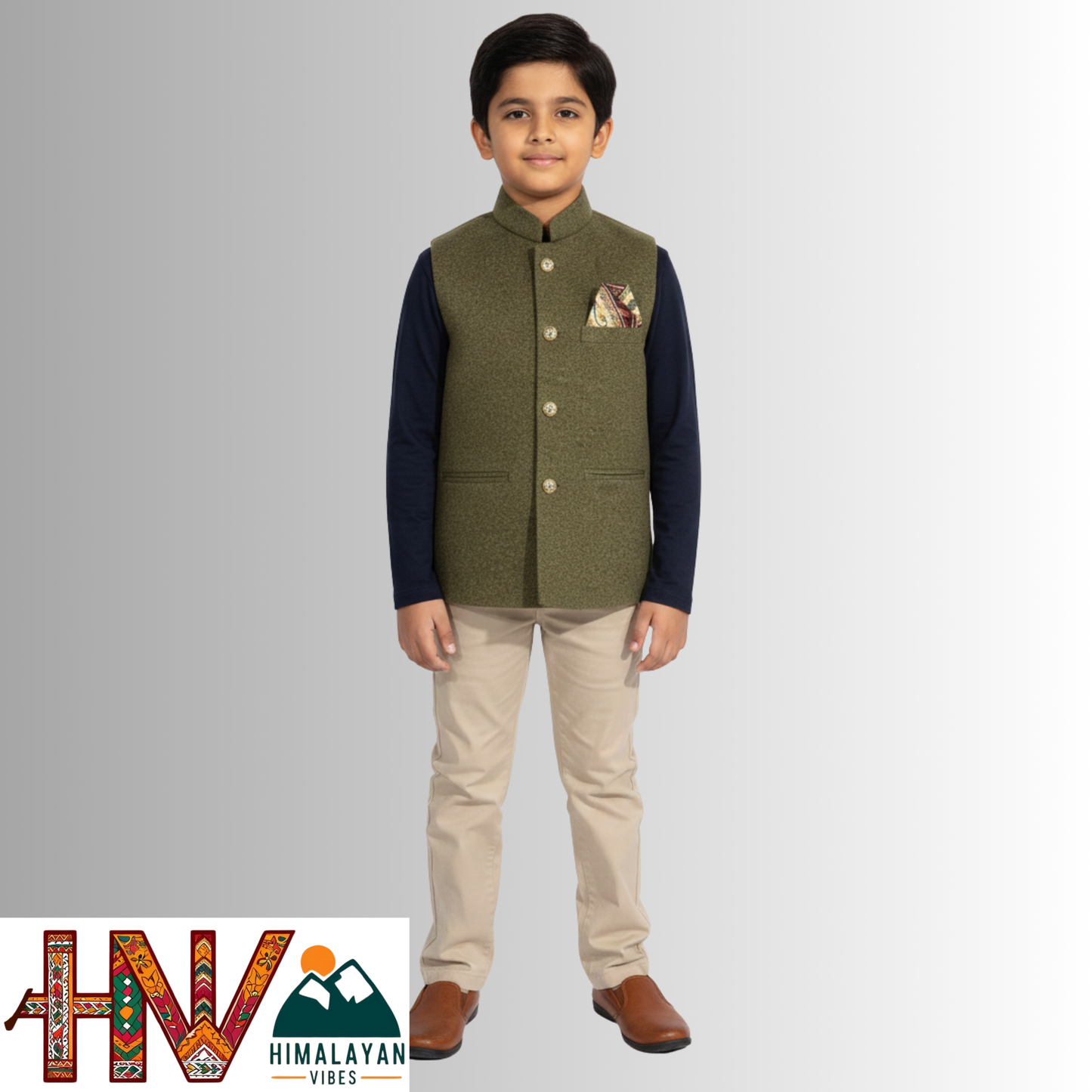 Boys Sleeveless Olive Green Nehru Jacket in Martin Fabric – Handcrafted Himachali Ethnic Waistcoat with Decorative Pocket Square