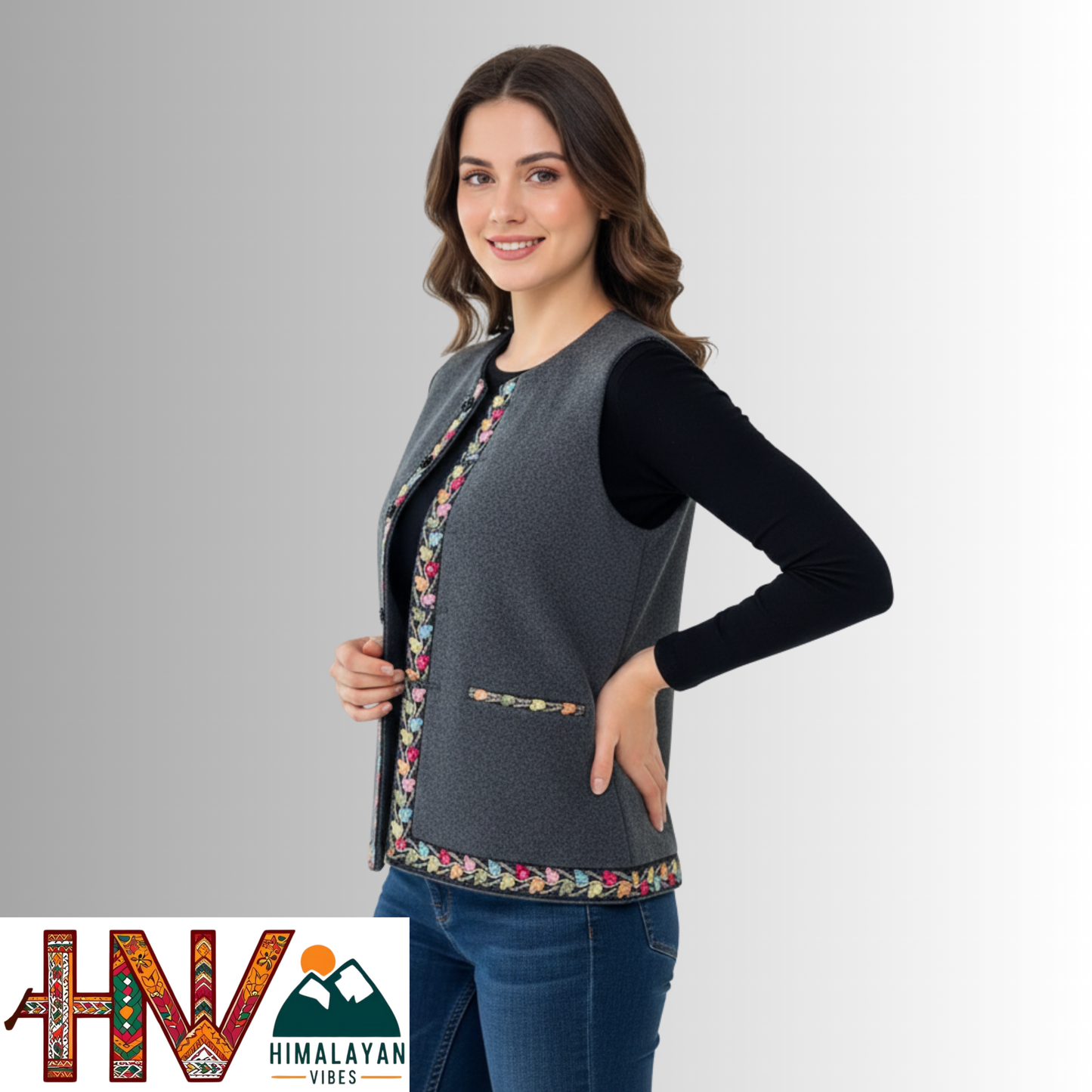 Himachali Dark Grey Sadri with embroidered Lace for Women - Martin Fabric Ethnic Half Jacket with Pockets