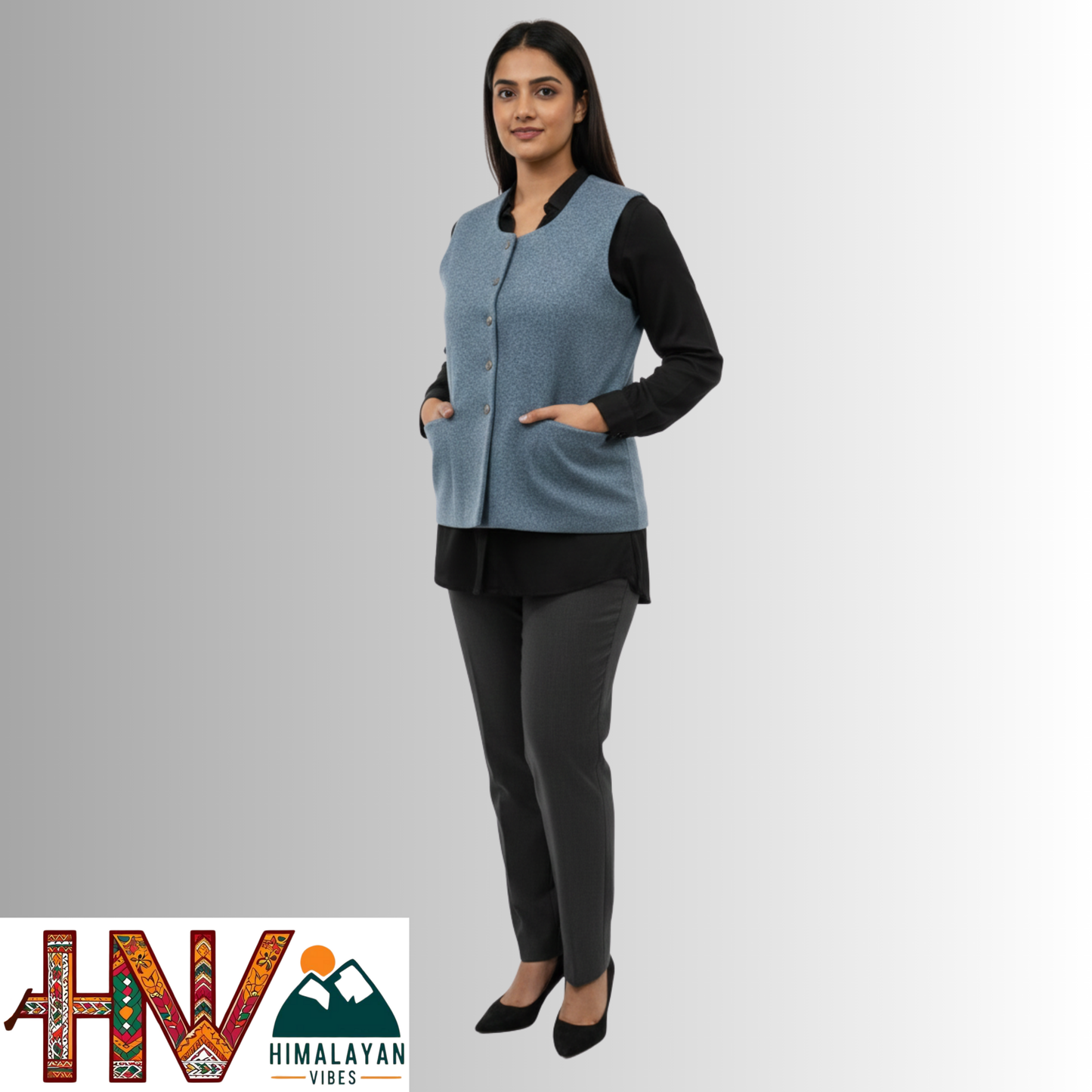 Himachali Plain Light Blue Sadri  for Women - Martin Fabric Ethnic Half Jacket with Pockets