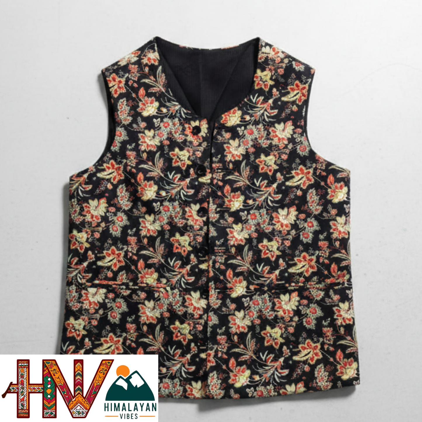 Himalayan Vibes Women's Pashmina Mix Sleeveless Sadri - Black & Red Floral Print