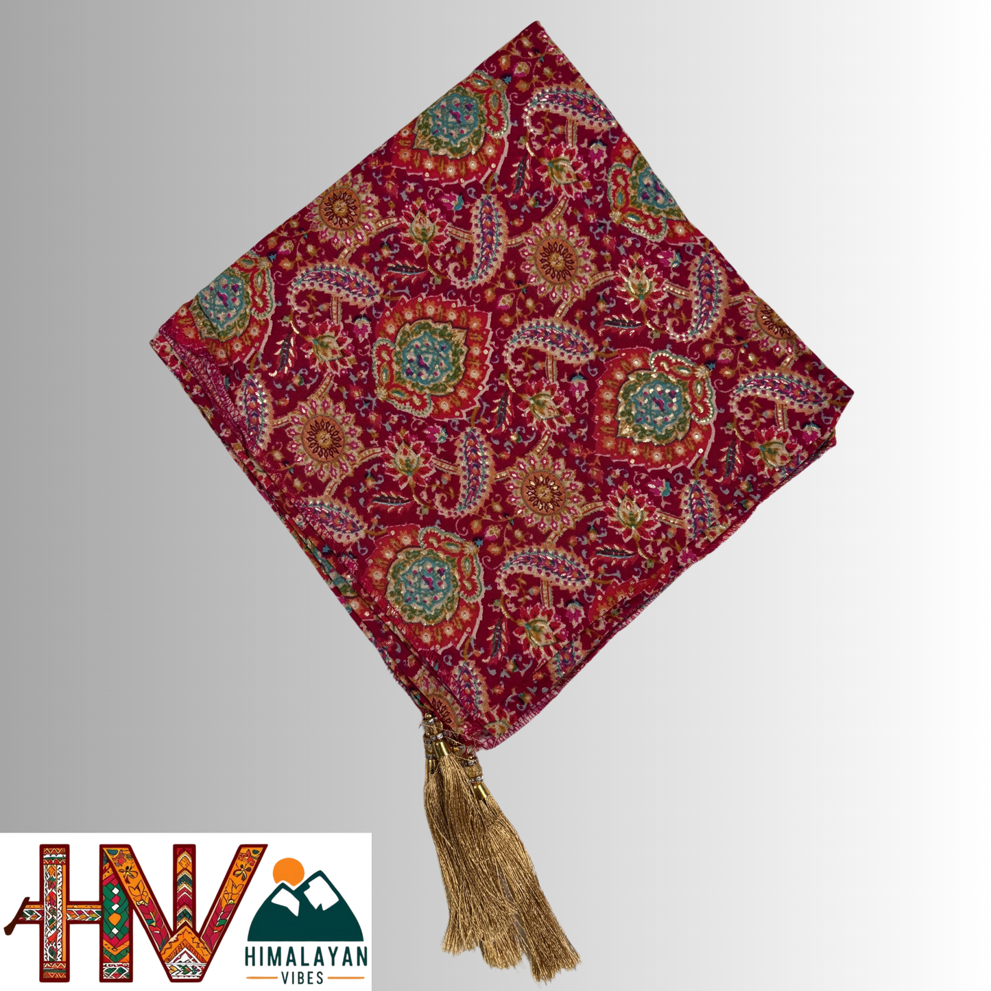 Himalayan Vibes Dark Pink Color Himachali Dhatu with Leaf Print - Handcrafted Traditional Head Scarf from Himalayas