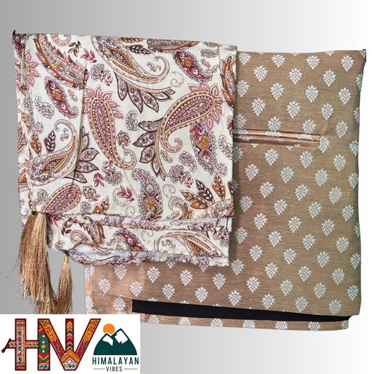 golden brown brocade sadri & cream multicolor print dhatu combo