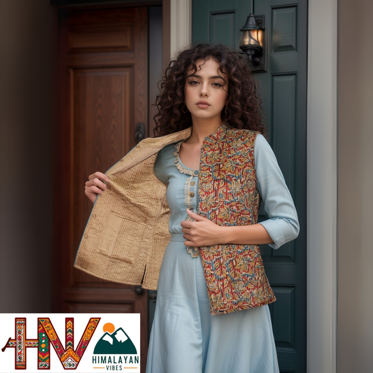 Reversible Brown Silk Sadri for Women – Dual Look Ethnic Waistcoat | Floral & Solid Textured Design by Himalayan Vibes