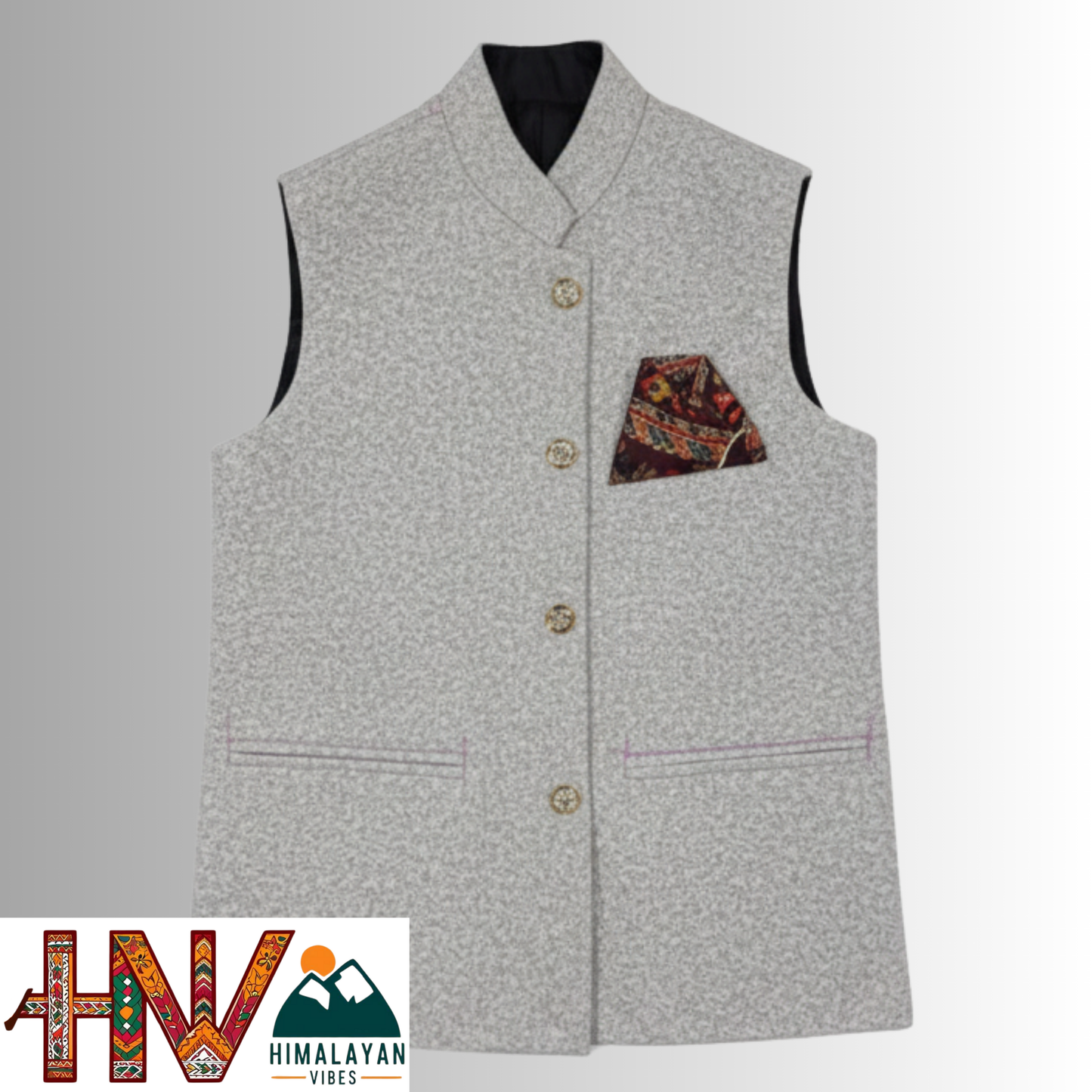 Boys Sleeveless Light Grey Nehru Jacket in Martin Fabric – Handcrafted Himachali Ethnic Waistcoat with Designer Pocket Square