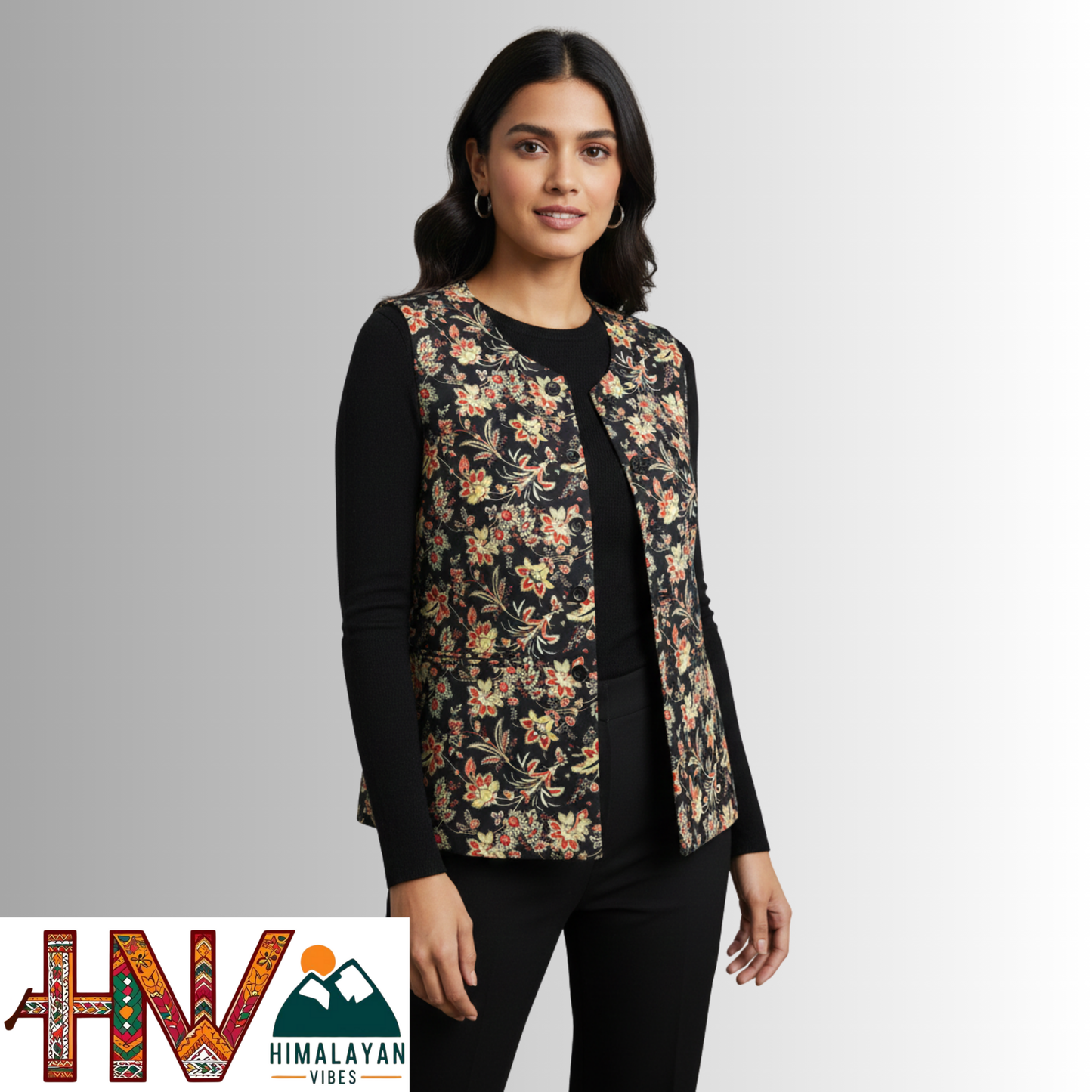 Himalayan Vibes Women's Pashmina Mix Sleeveless Sadri - Black & Red Floral Print