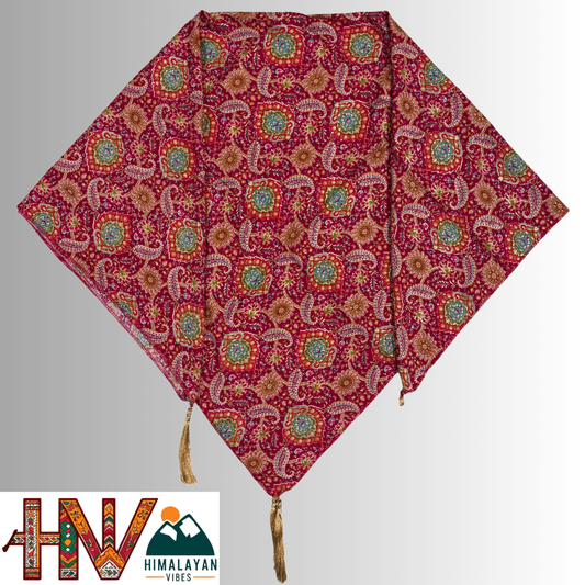 Himalayan Vibes Dark Pink Color Himachali Dhatu with Leaf Print - Handcrafted Traditional Head Scarf from Himalayas