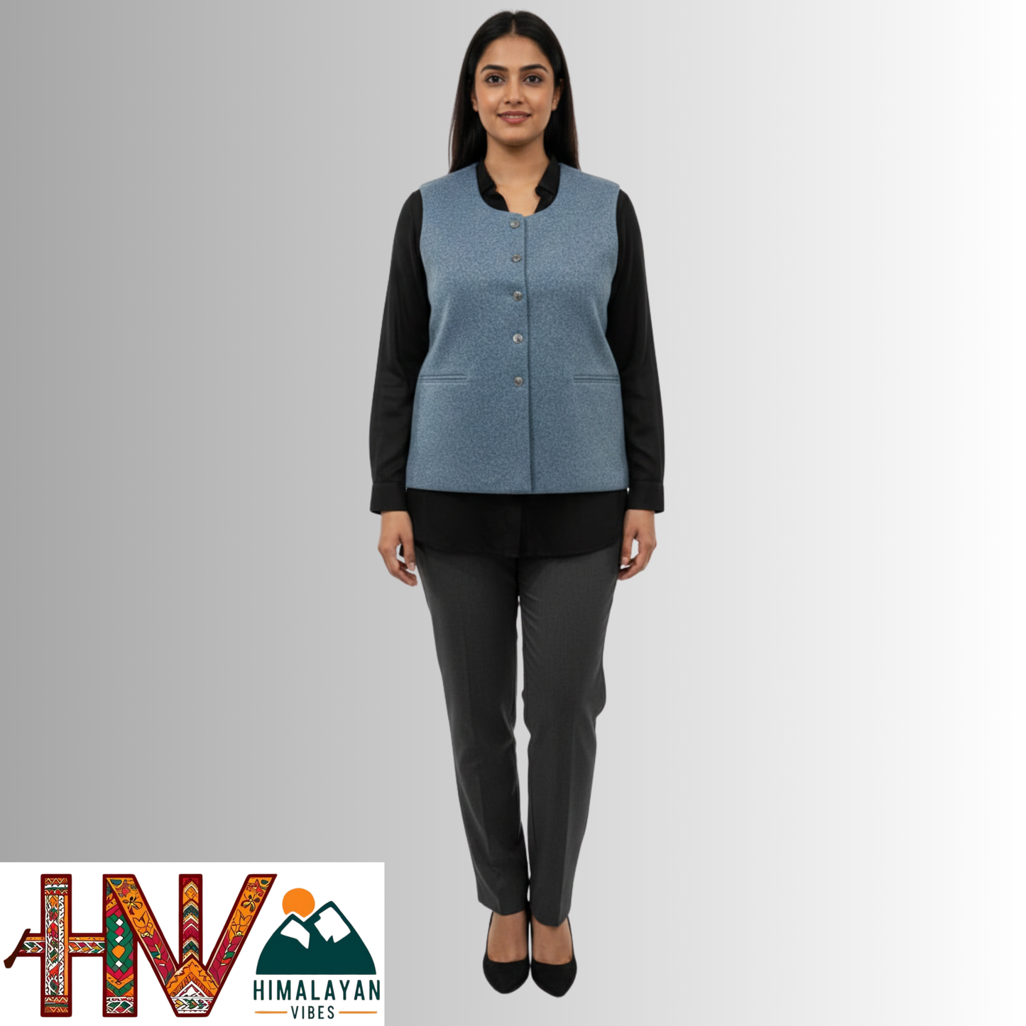 Himachali Plain Light Blue Sadri  for Women - Martin Fabric Ethnic Half Jacket with Pockets