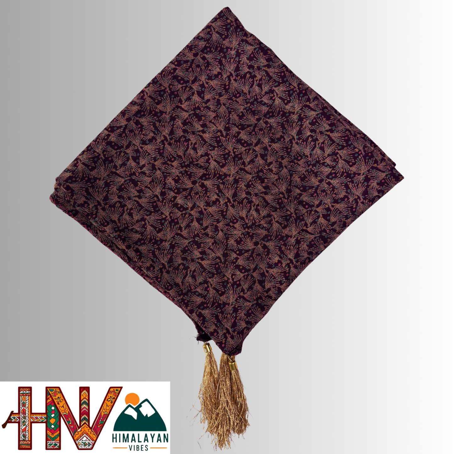 Alpine Wine Color Leaf Printed Himachali Dhatu - Handcrafted Traditional Head Scarf from Himalayas