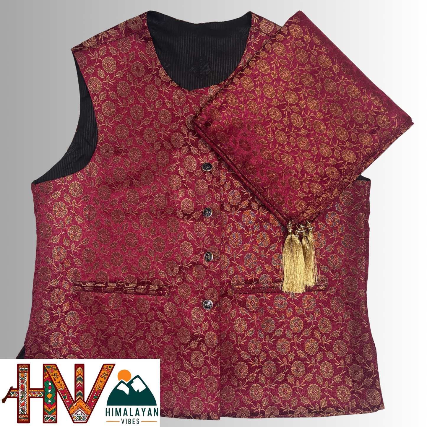 Himalayan Vibes Red Brocade Sadri and Dhatu Combo.