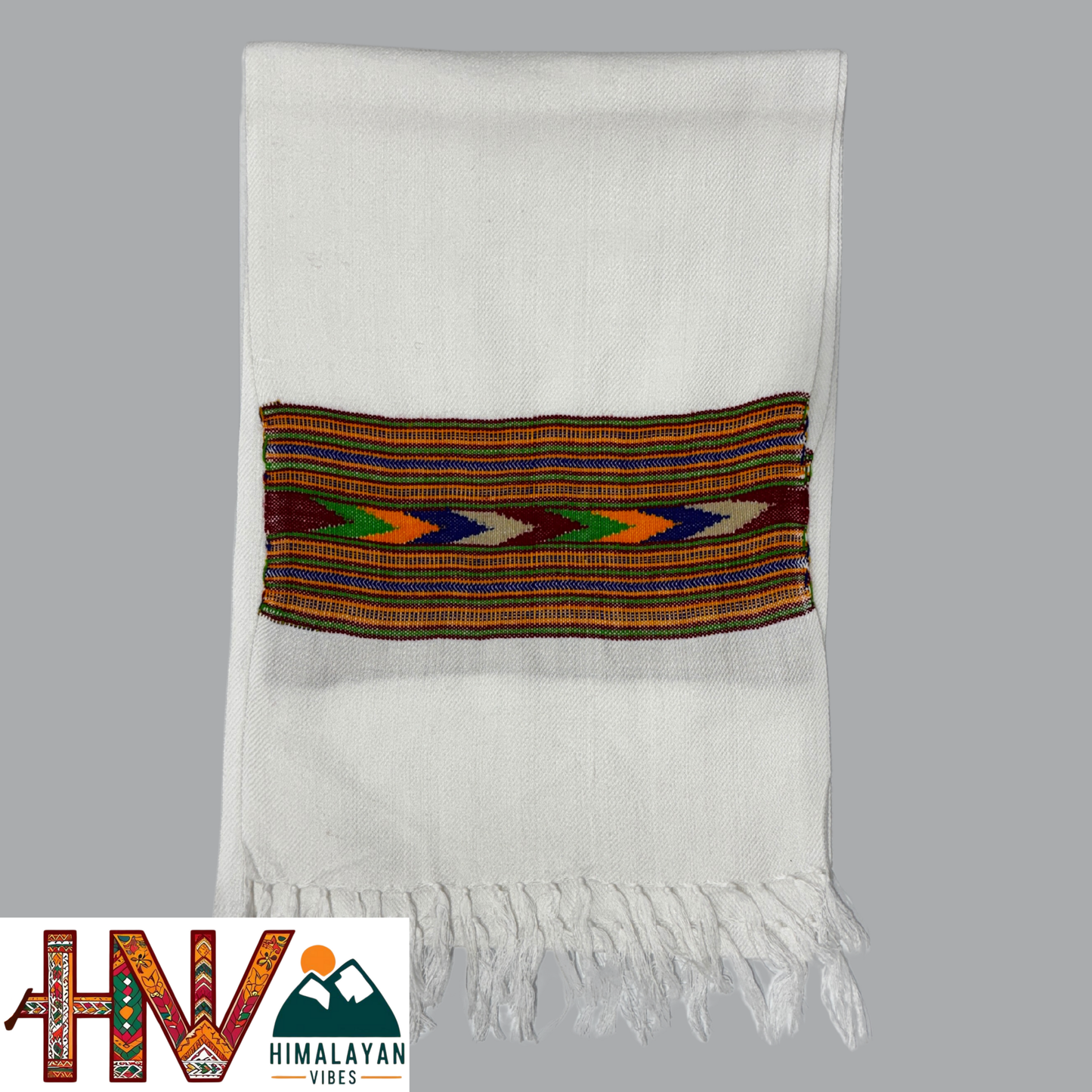 Traditional Kullu Patti Design Wool Muffler | White Handloom Scarf with Vibrant Geometric Strip By Himalayan Vibes