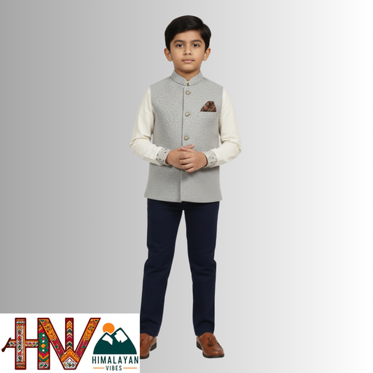 Boys Sleeveless Light Grey Nehru Jacket in Martin Fabric – Handcrafted Himachali Ethnic Waistcoat with Designer Pocket Square