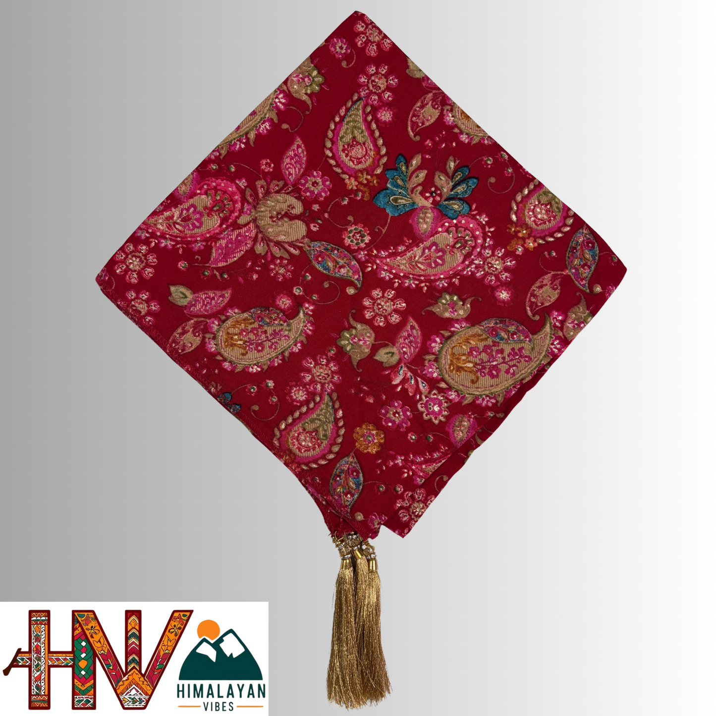 Himalayan Vibes Red Color Himachali Dhatu with Leaf Print - Handcrafted Traditional Head Scarf from Himalayas