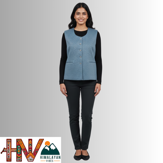 Himachali Plain Light Blue Sadri  for Women - Martin Fabric Ethnic Half Jacket with Pockets