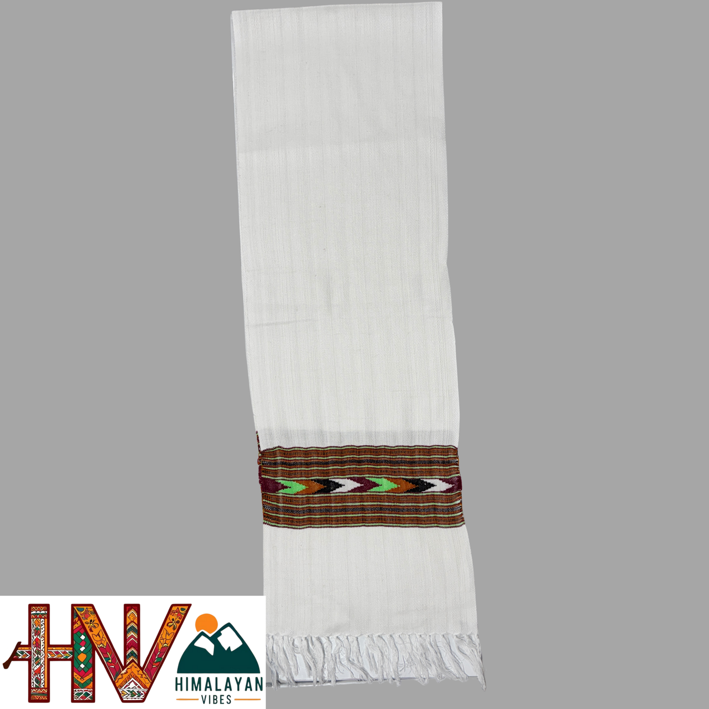 Traditional Kullu Patti Design Wool Muffler | White Handloom Scarf with Vibrant Geometric Strip By Himalayan Vibes