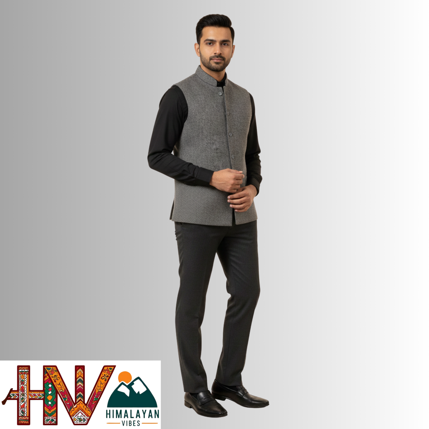 Handcrafted Dark Grey Woolen Jacket for Men | Traditional Himachali Craft | Stylish Winter & Formal Wear