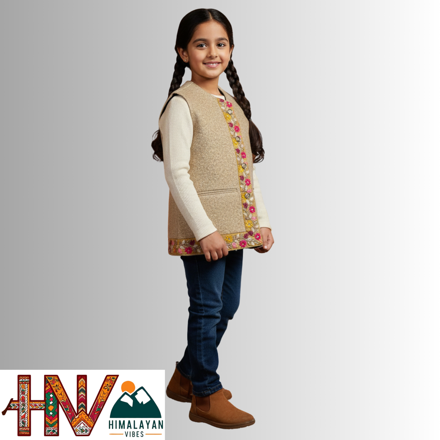 Girls Sleeveless Cream Woolen Sadri Jacket in Martin Fabric – Himachali Handcrafted Ethnic Wear with Multicolor Floral Embroidery