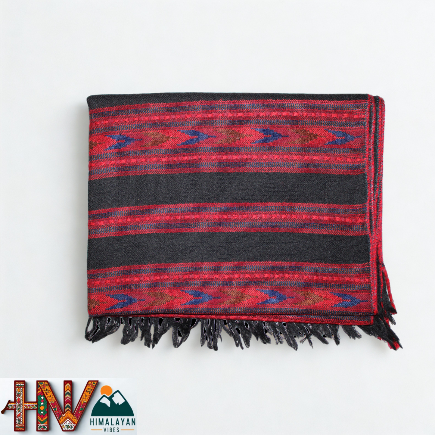 Handwoven Himalayan Black Wool Stole – Red & Blue Striped with Geometric Motif Border
