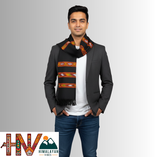 Handwoven Black Woolen Muffler | Triple Kullu Patti Traditional Geometric Design By Himalayan Vibes