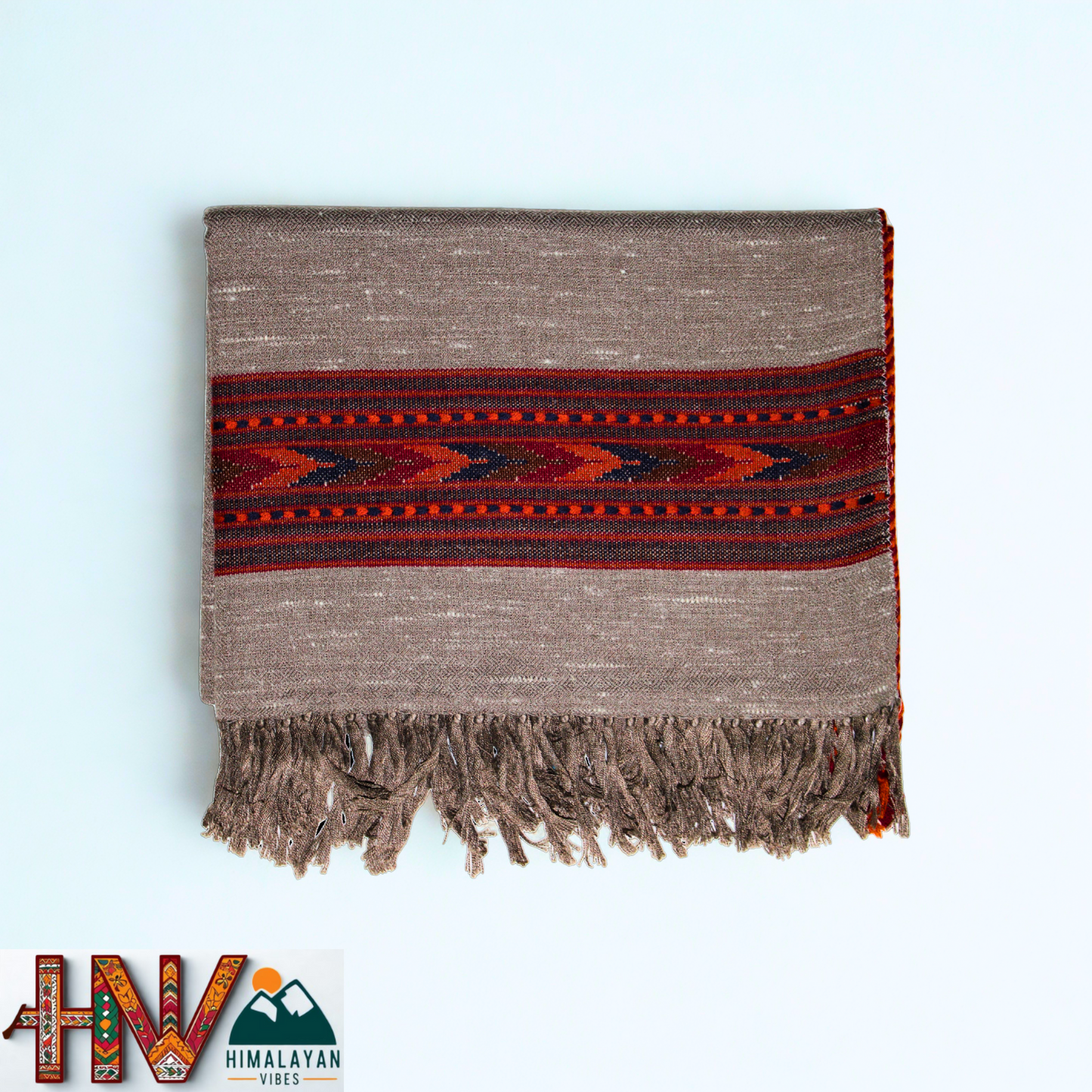 Handwoven Himalayan Brown Wool Stole – Red & Black Striped with Geometric Motif Border