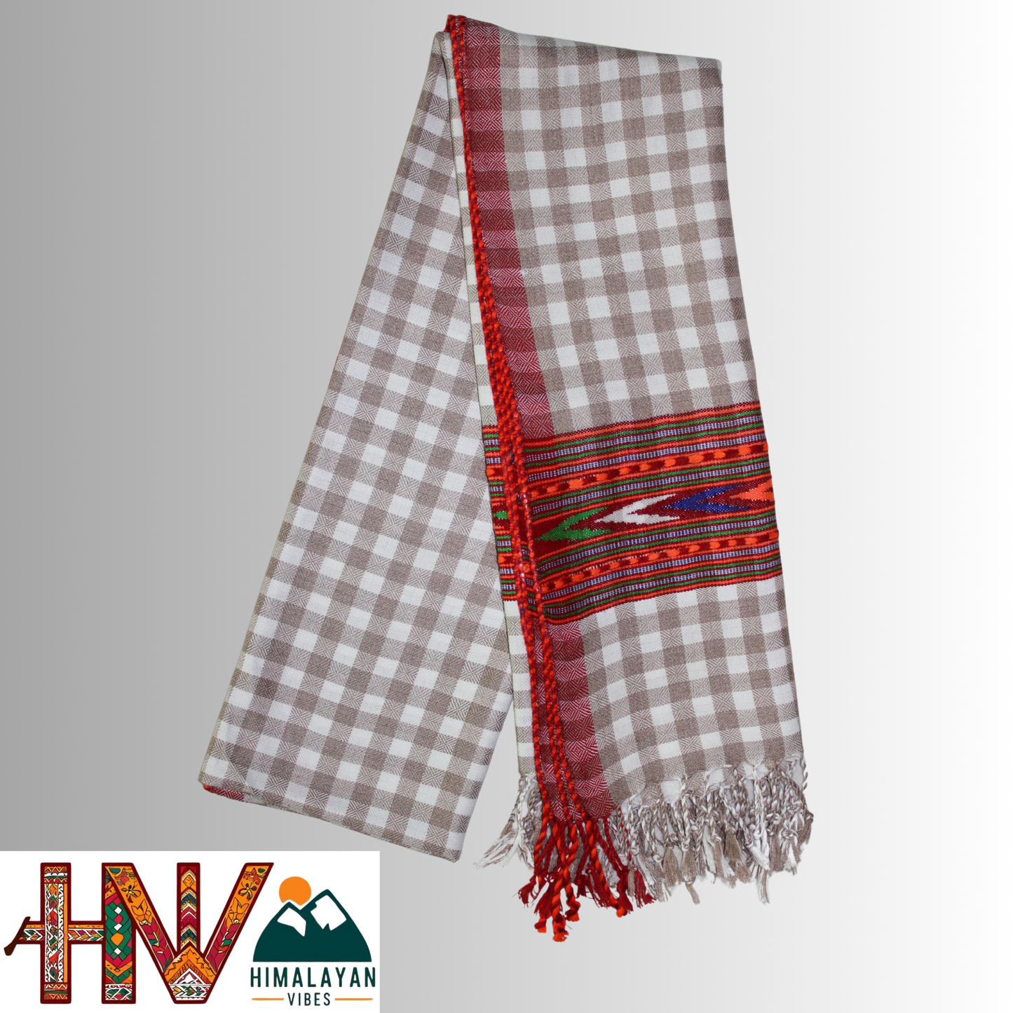 Handwoven White & Grey Checked Wool Stole – With Kullu Patti Border By Himalayan Vibes