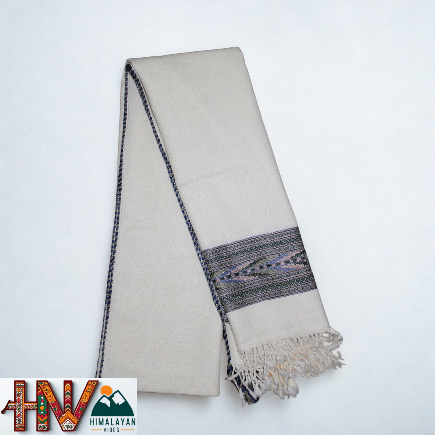 Handwoven Himalayan White Wool Stole – Green & Blue Striped with Geometric Motif Border