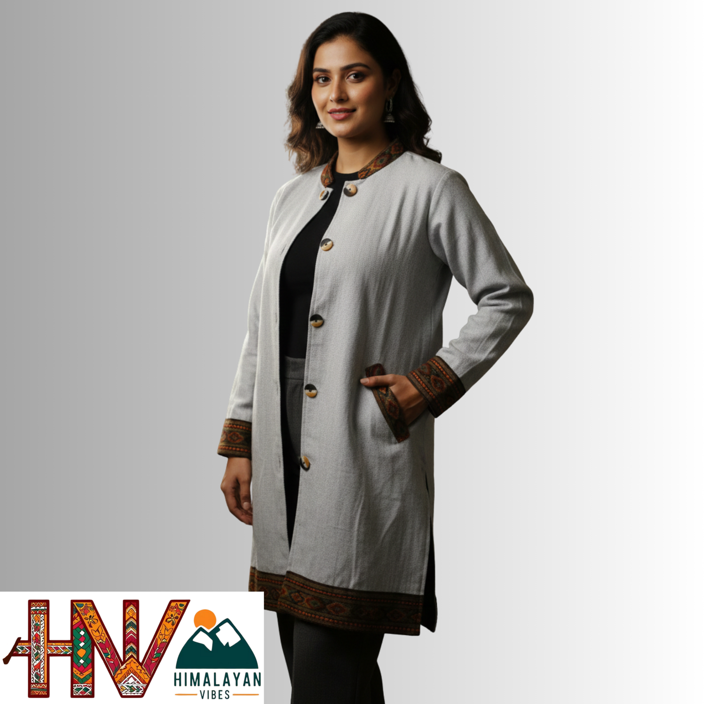 Himalayan Vibes Women Long Woolen Jacket - Authentic Kullu Patti Trimmed Coat