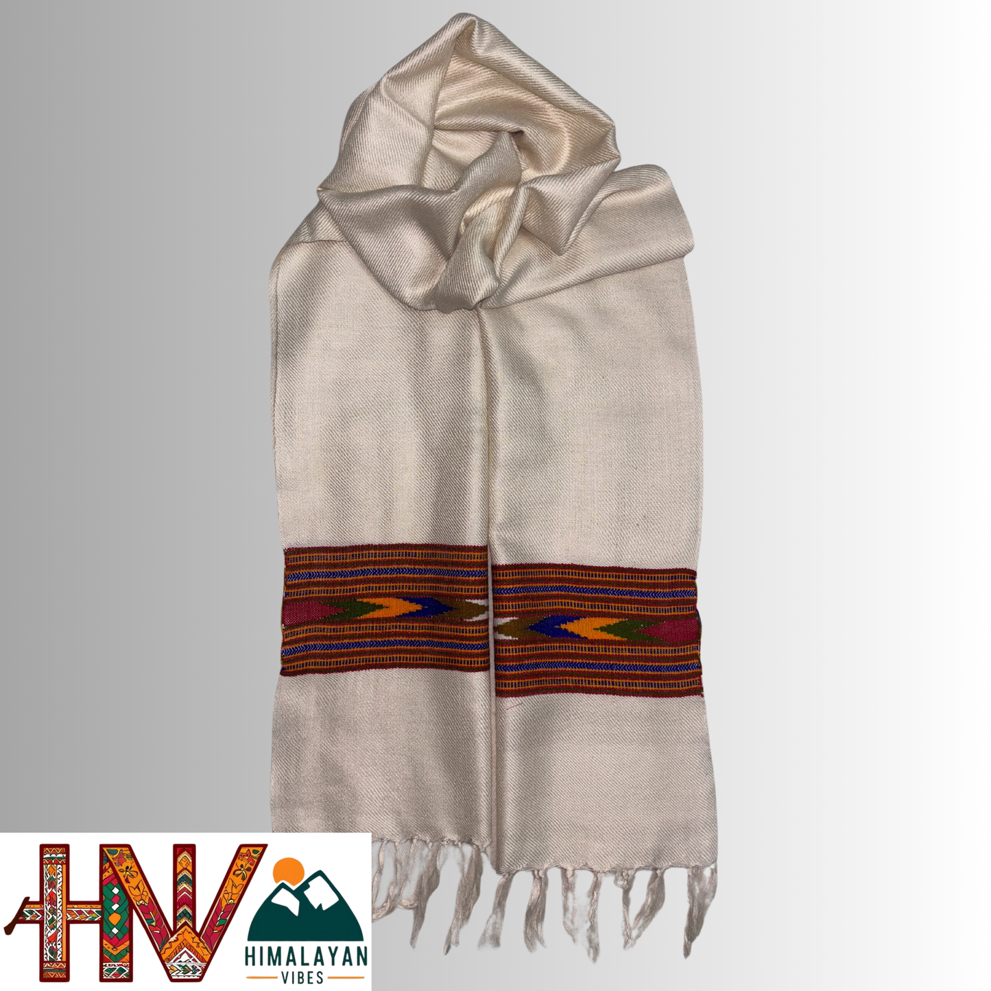 Traditional Kullu Patti Design Wool Muffler | Light Beige Handloom Scarf with Vibrant Geometric Strip By Himalayan Vibes