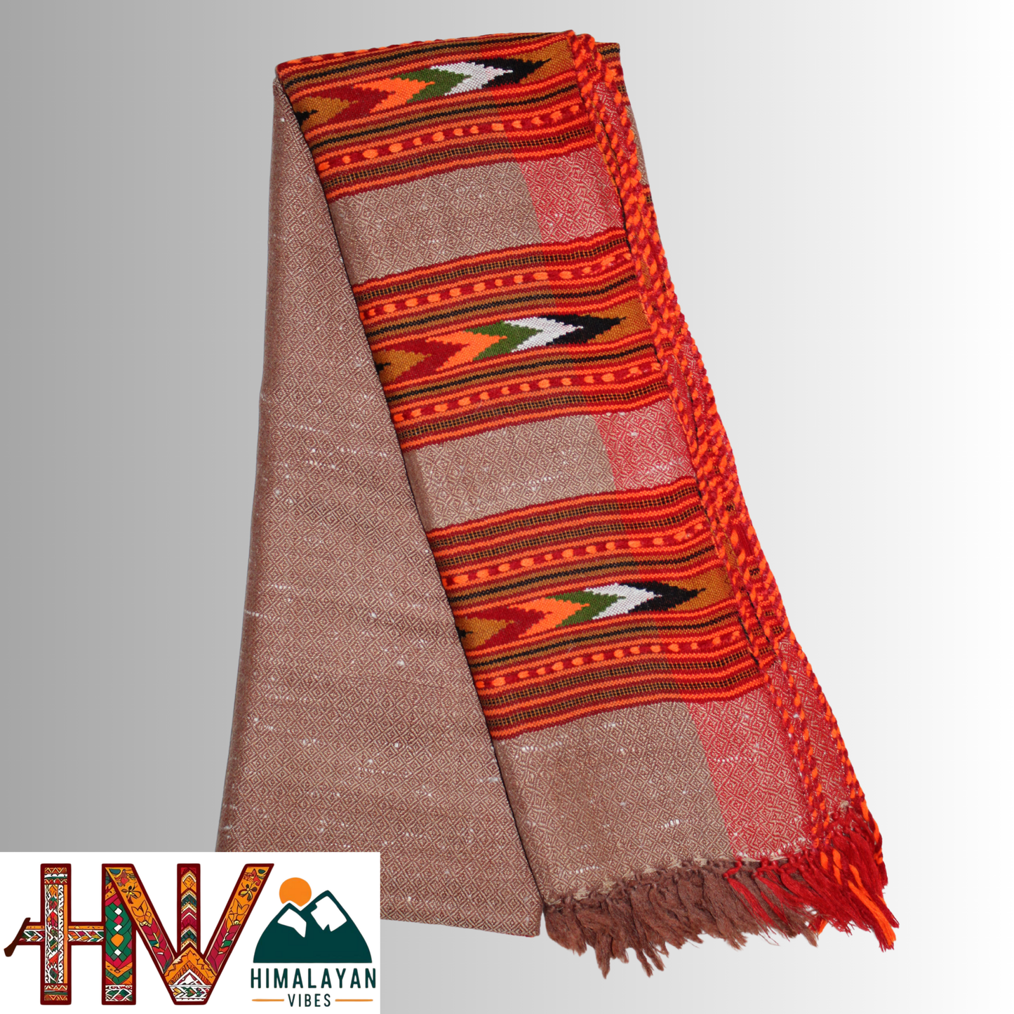 Handwoven caremel Kullu Woolen Stole with Traditional Kullu 3 Patti Design in Vibrant Red Border– Handwoven Elegance By Himalayan Vibes