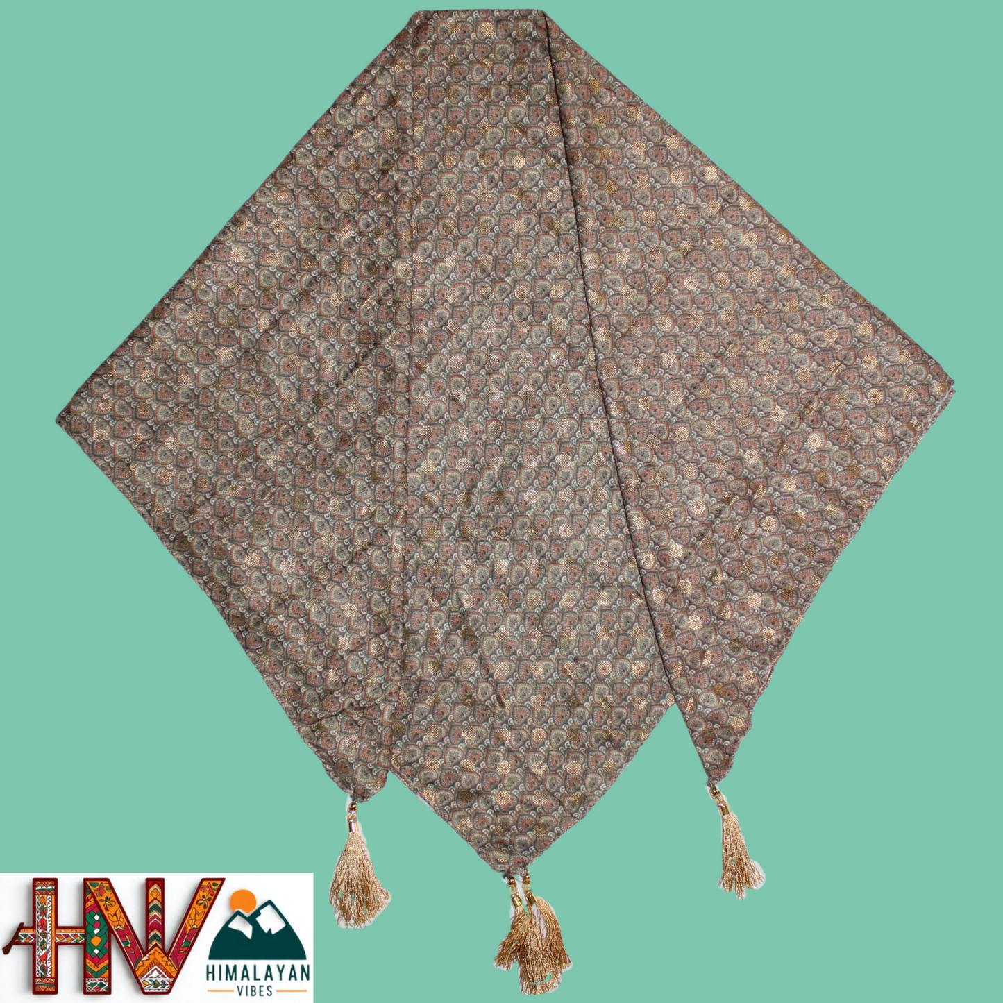 Alpine Grey Color Printed Gold  Himachali Dhatu - Handcrafted Traditional Head Scarf from Himalayas