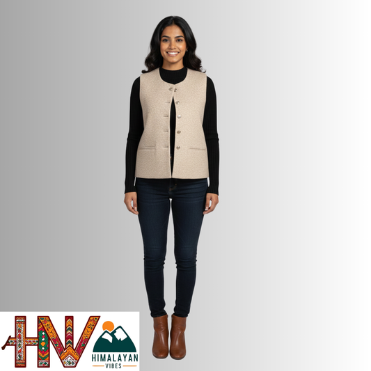 Himachali Plain Cream Sadri  for Women - Martin Fabric Ethnic Half Jacket with Pockets