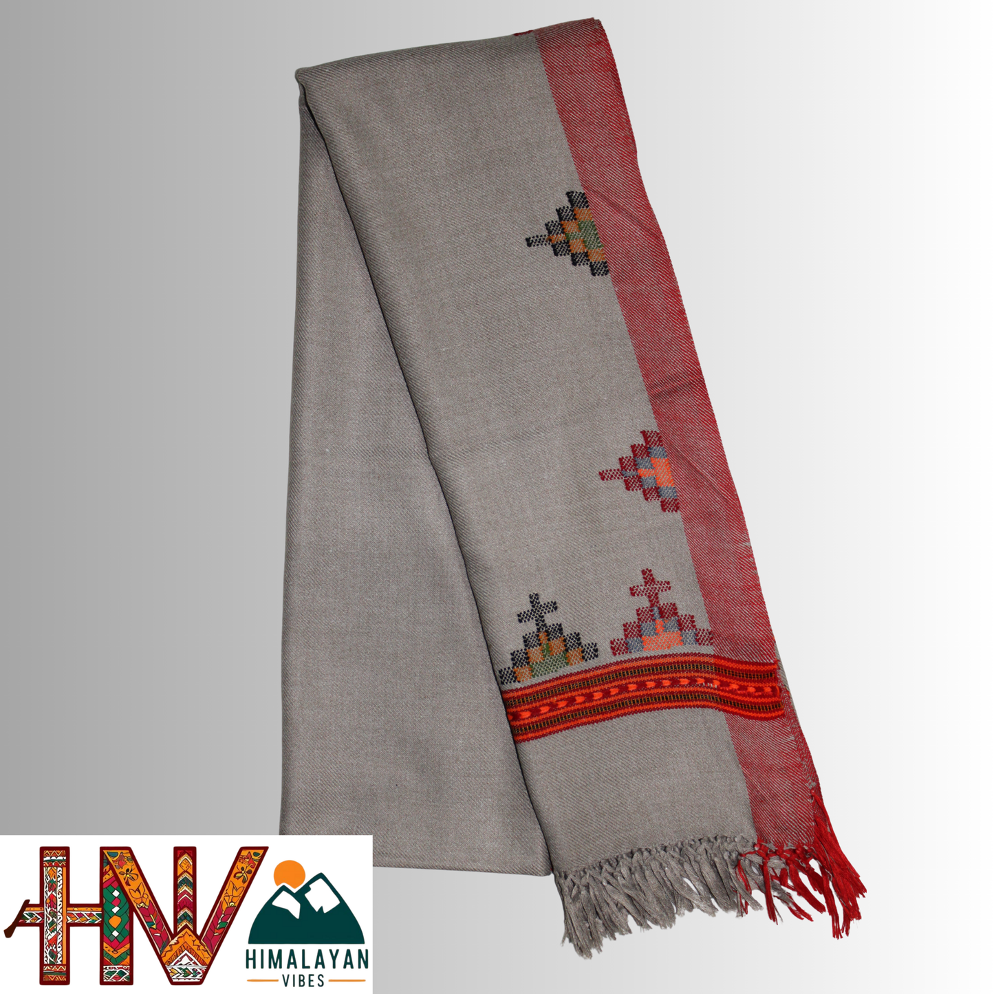 Handwoven Grey Kullu Woolen Stole with Traditional Kullu Patti Geometric Motifs with Red Border– Handwoven Elegance By Himalayan Vibes