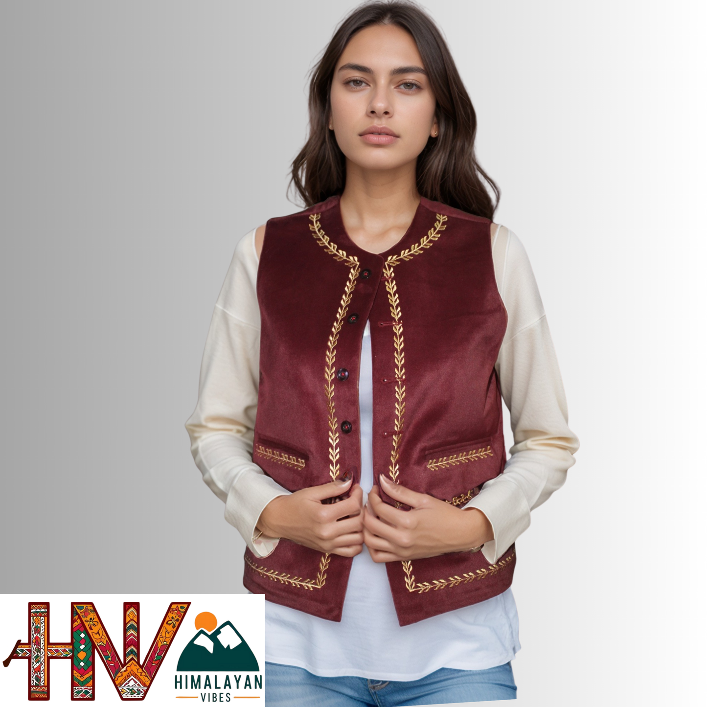 Handcrafted-Simple Embroidered Maroon Himachali Sadri (Jacket) for Women - Martin Fabric Ethnic Half Jacket with Pockets