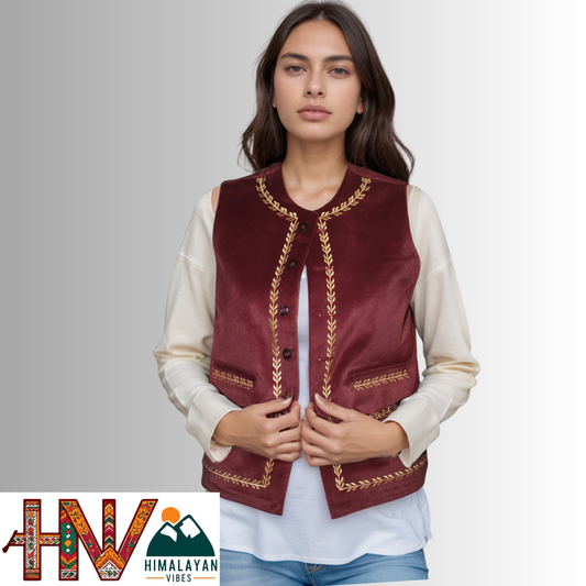 Handcrafted-Simple Embroidered Maroon Himachali Sadri (Jacket) for Women - Martin Fabric Ethnic Half Jacket with Pockets
