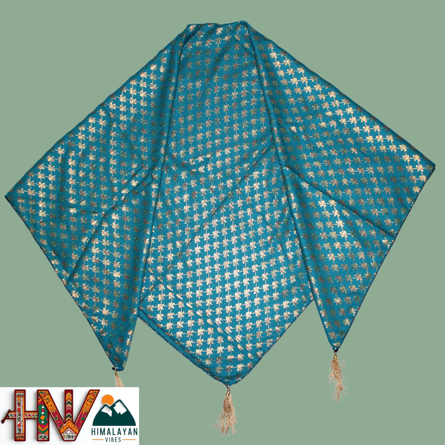 Alpine Cyan Color Printed  Himachali Dhatu - Handcrafted Traditional Head Scarf from Himalayas