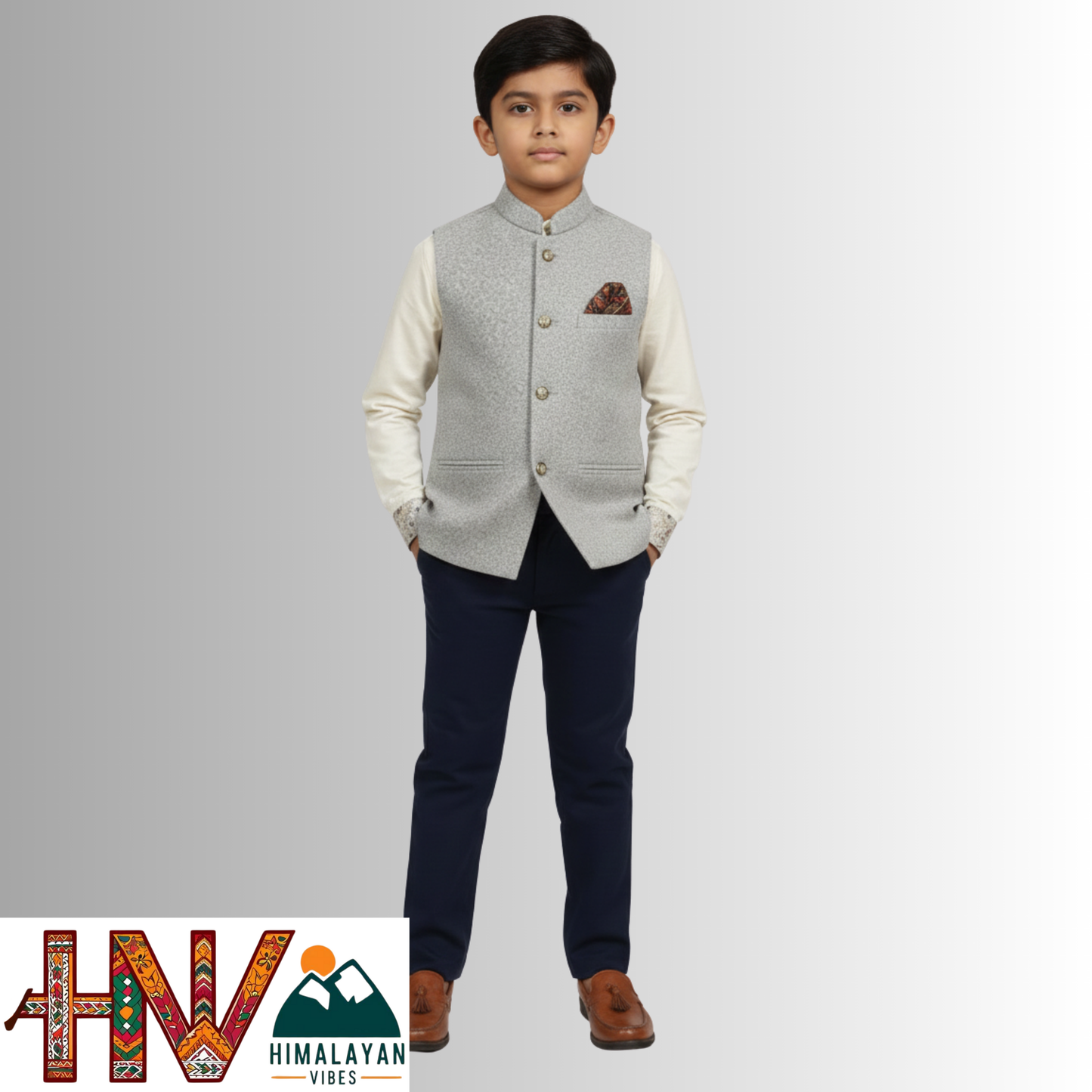 Boys Sleeveless Light Grey Nehru Jacket in Martin Fabric – Handcrafted Himachali Ethnic Waistcoat with Designer Pocket Square